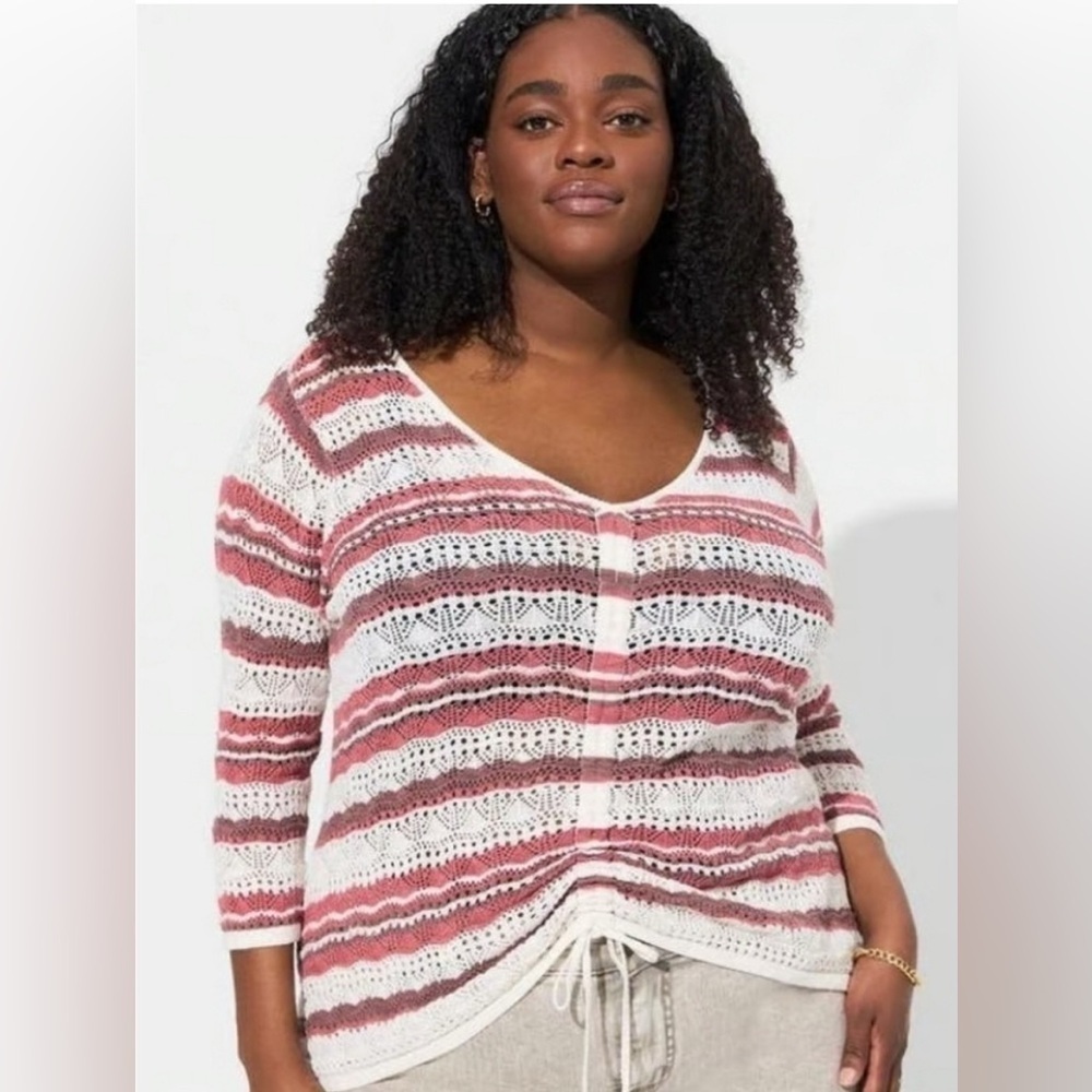 Torrid Open Stitch Striped Pullover V-Neck Cinched Front Sweater Top